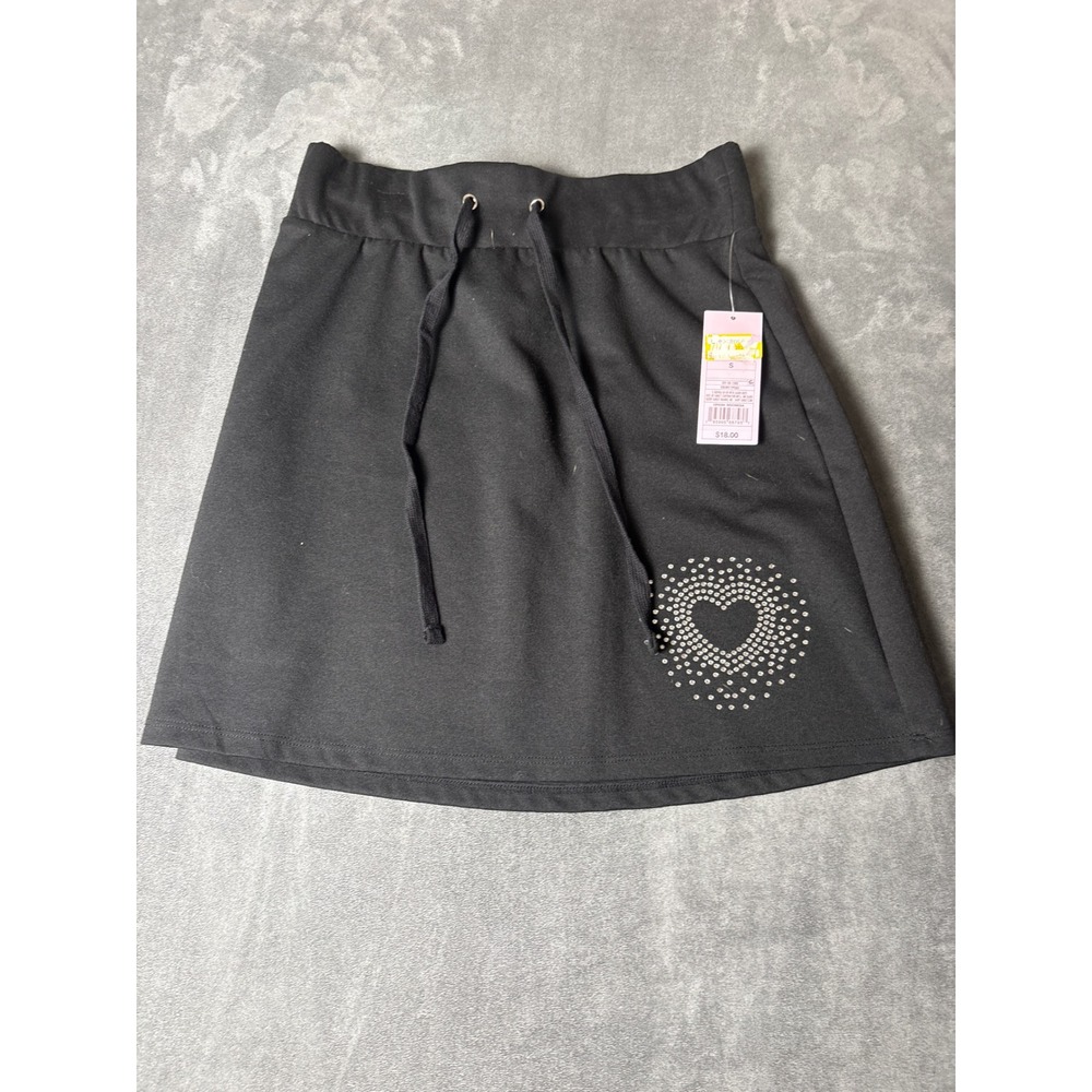 Black Mini Skirt Rhinestone Heart Drawstring Waist Small NWT